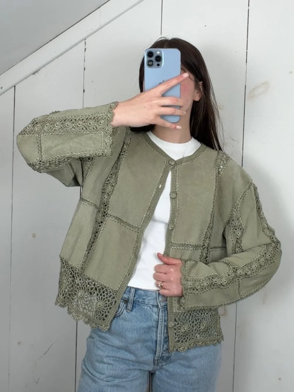 Vintage Sage Green Suede Leather Patchwork Crochet Cardigan Jacket Women’s Large